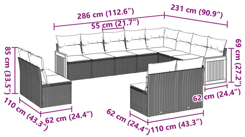 12 pcs conjunto de sofás p/ jardim com almofadões vime PE bege