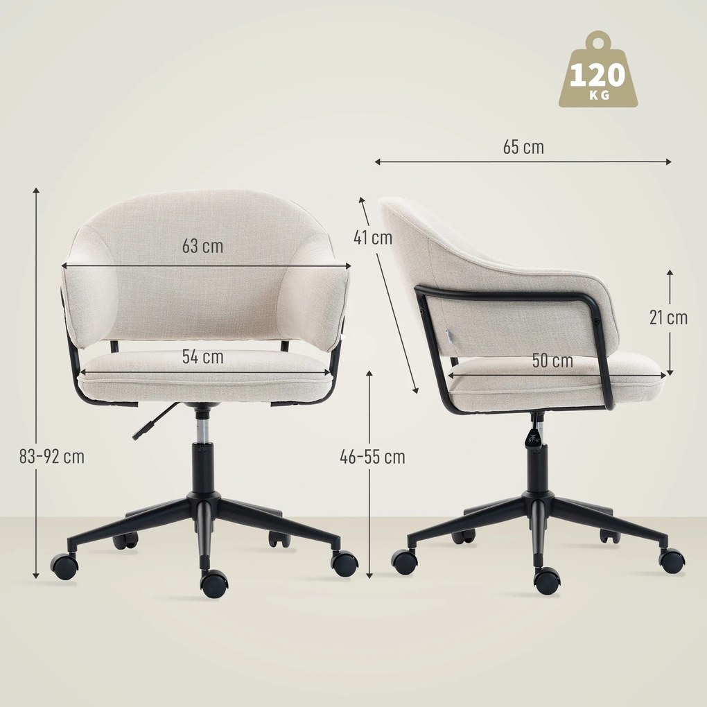 Cadeira de escritório ergonómica, cadeira de escritório com altura ajustável, giratória a 360°, 63 x 65 x 83-92 cm, creme
