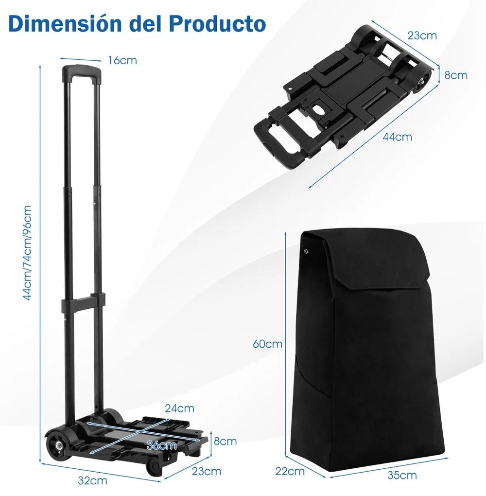 Carrinho de compras duplo portátil com bolsa removível 2 rodas ABS flexíveis para transporte de bagagem preto