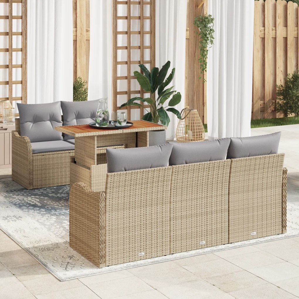 vidaXL Conjunto de Sofá de Jardim de 6 Peças com Almofadas Bege Rattan Poly