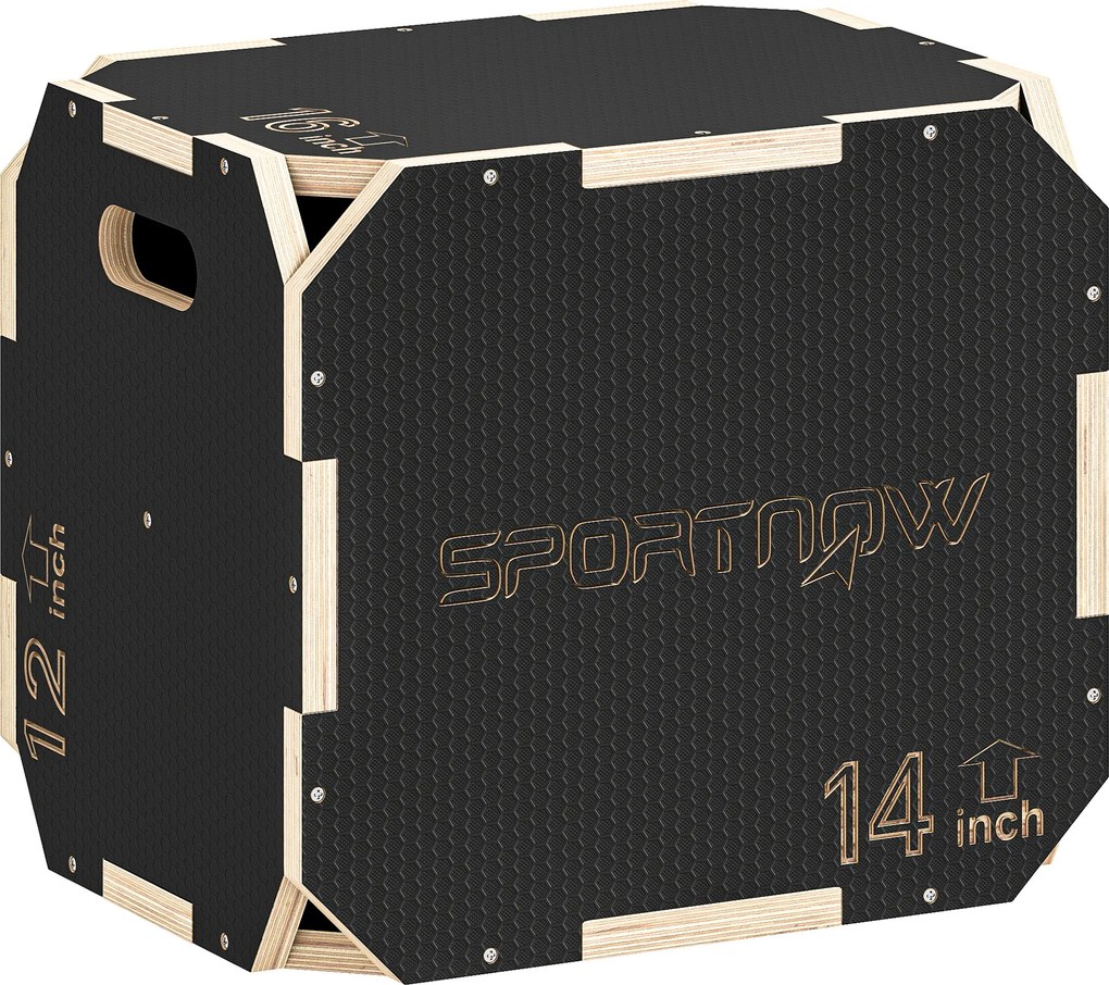 Caixa Pliométrica de Madeira 3 em 1 com 3 Alturas Diferentes Pegas Sem Cantos Treino de Saltos 41x36x31 cm Preto