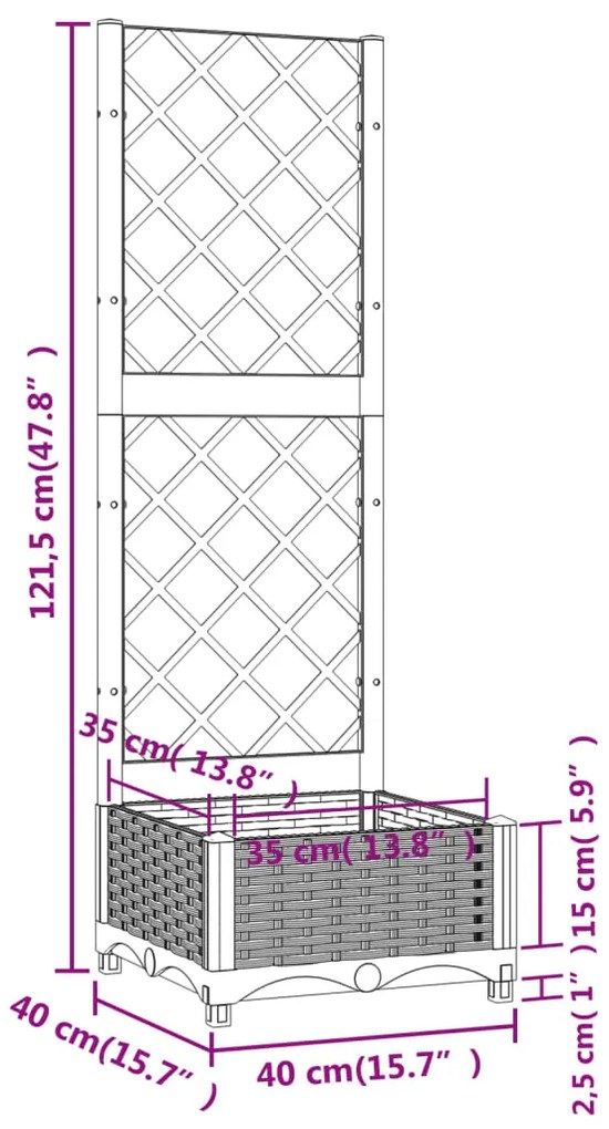 Vaso/floreira jardim c/ treliça 40x40x121,5 cm PP castanho