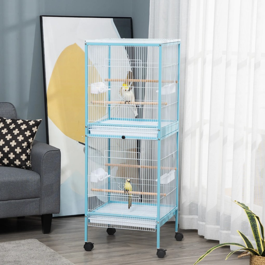Gaiola para Pássaros com Rodas de 2 Níveis com Bandejas Removíveis Portas Comedouros Poleiros 51,5x50x140 cm Azul