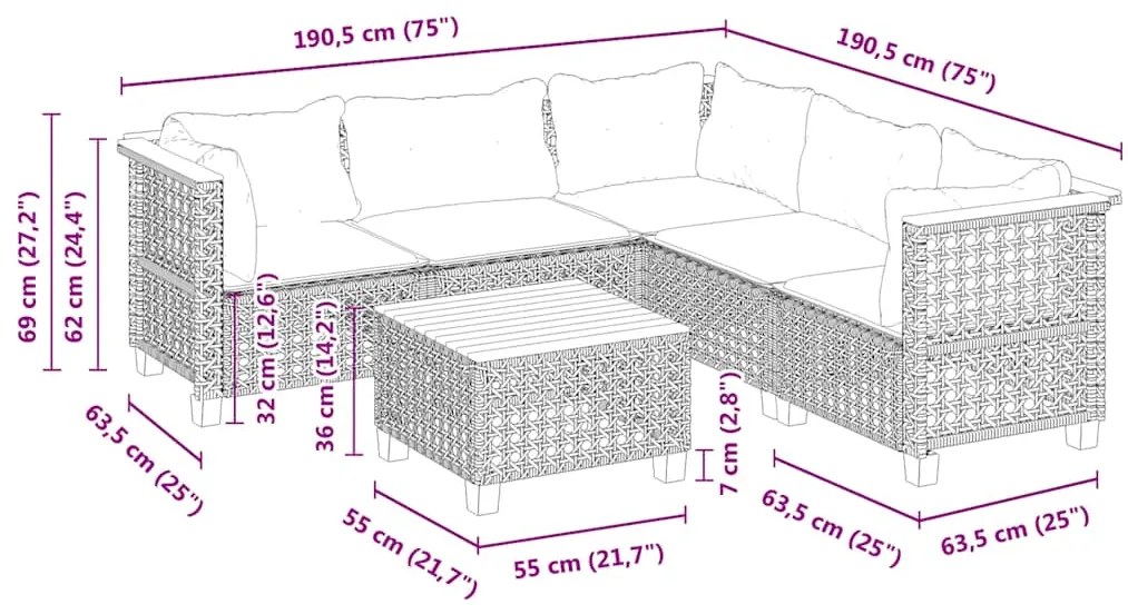 6 pcs conjunto de sofás p/ jardim com almofadões vime PE bege