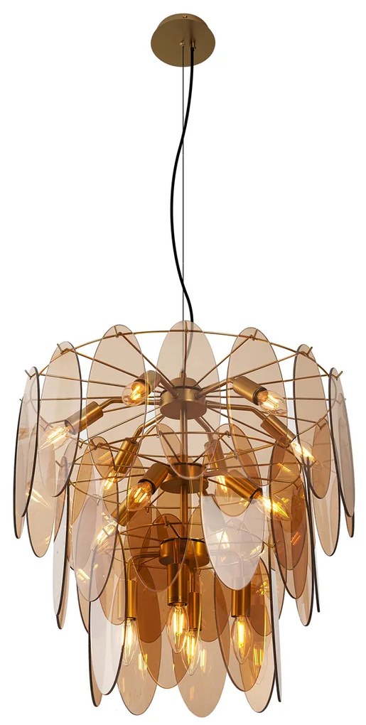 Candeeiro suspenso Art Déco dourado com vidro âmbar oval 14 luzes - Mochan Art Deco