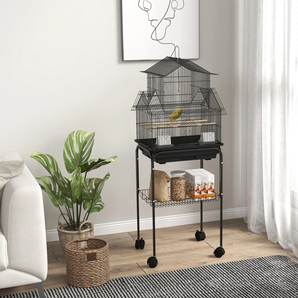Gaiola para pássaros 50,5 x 41 x 121 cm com comedouros, poleiros, 3 portas, tabuleiro removível para excrementos + pega de transporte, preta