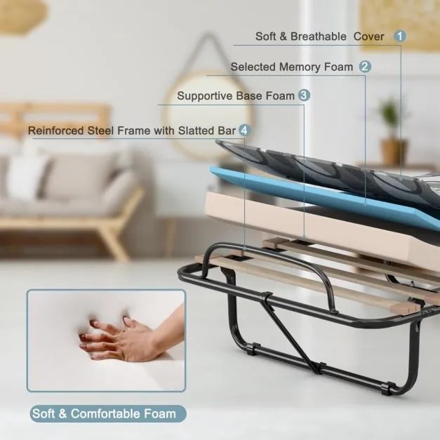Cama dobrável individual com colchão 80 x 190 cm, estrutura metálica e 4 rodas, capacidade de carga de 130 kg para hóspedes, cinza
