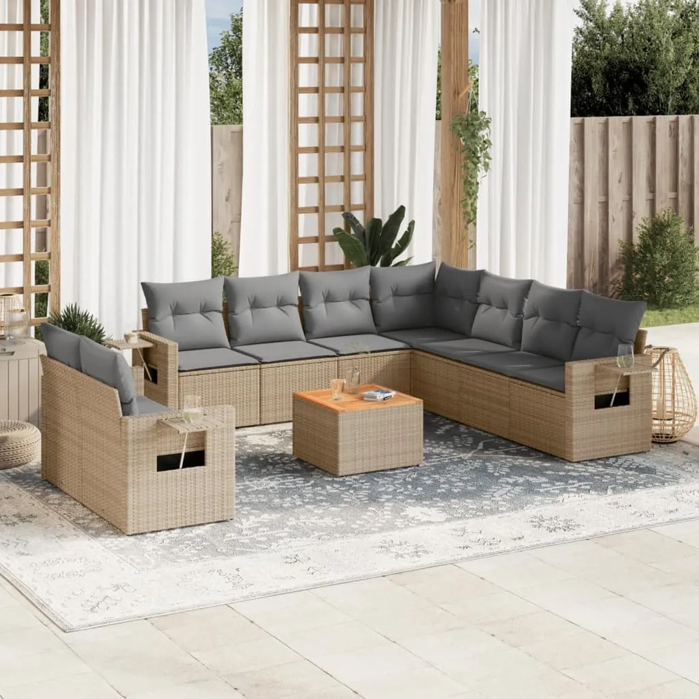 10 pcs conjunto de sofás p/ jardim com almofadões vime PE bege