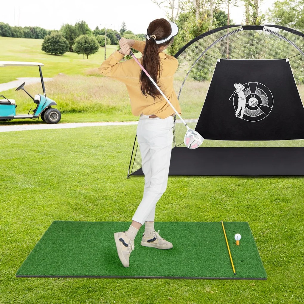 Tapete de grama sintética para prática de golfe em ambientes internos e externos. Inclui 2 tees de borracha e 2 tacos de alinhamento - 27 mm.