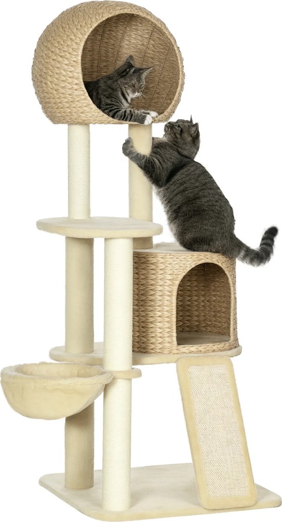 Arranhador para gatos com arranhador de sisal natural, 2 nichos, plataforma, rede e peluche 60 x 60 x 150 cm, bege