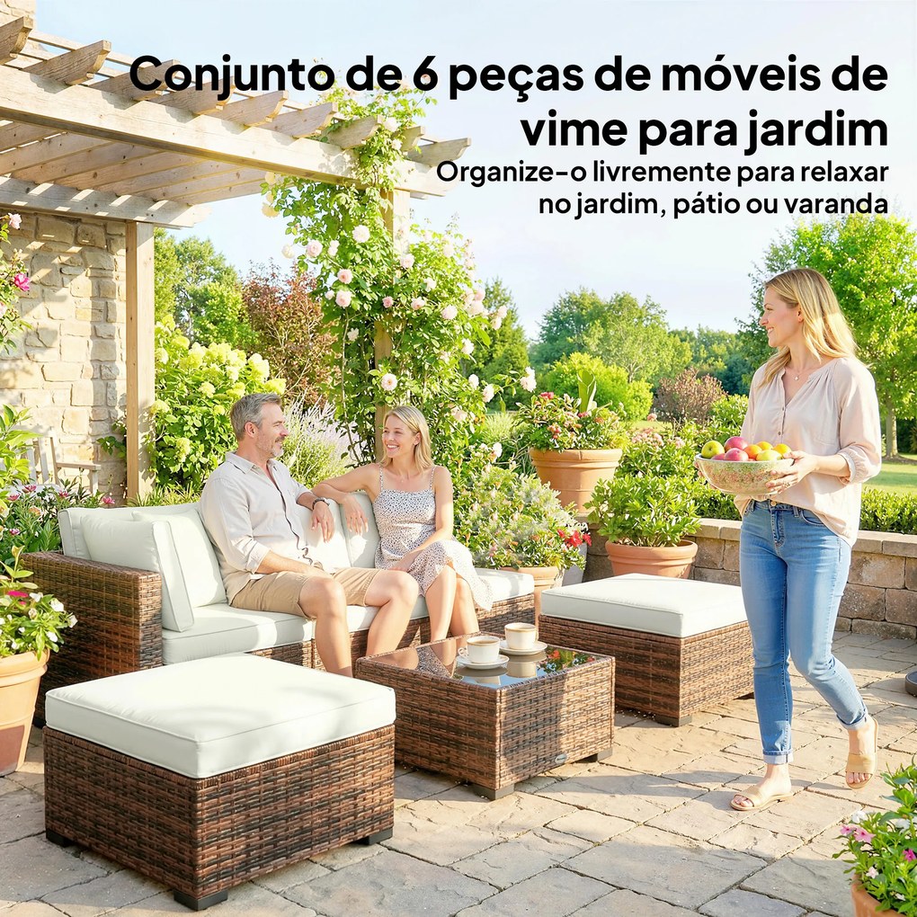 Conjunto de Jardim em Vime de 6 Peças Inclui Almofadas 4 Módulos de Assento 1 Sofá de Canto e Mesa de Centro em Vidro Castanho Escuro