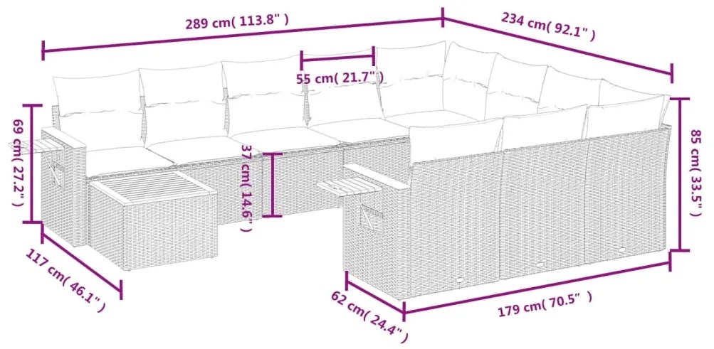 11 pcs conjunto sofás de jardim c/ almofadões vime PE preto