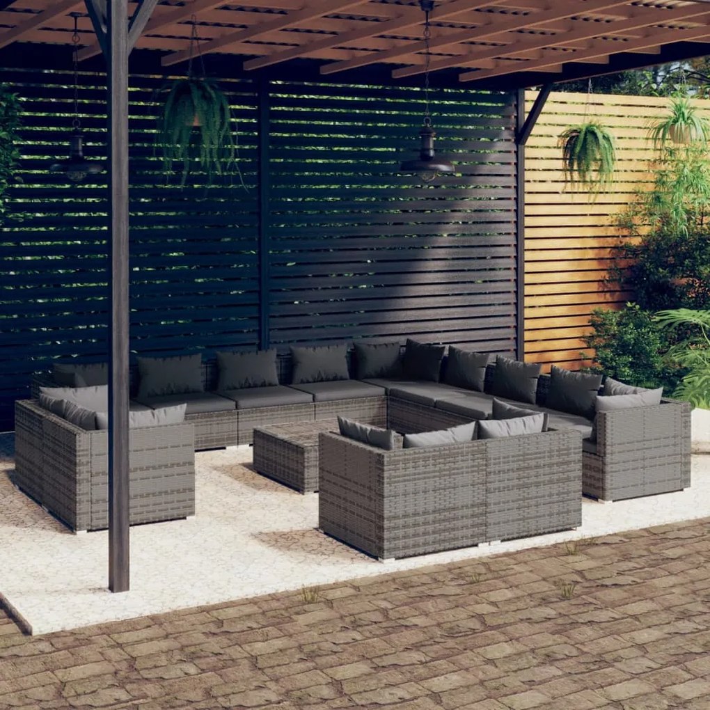 vidaXL 14 pcs conjunto lounge de jardim c/ almofadões vime PE cinzento