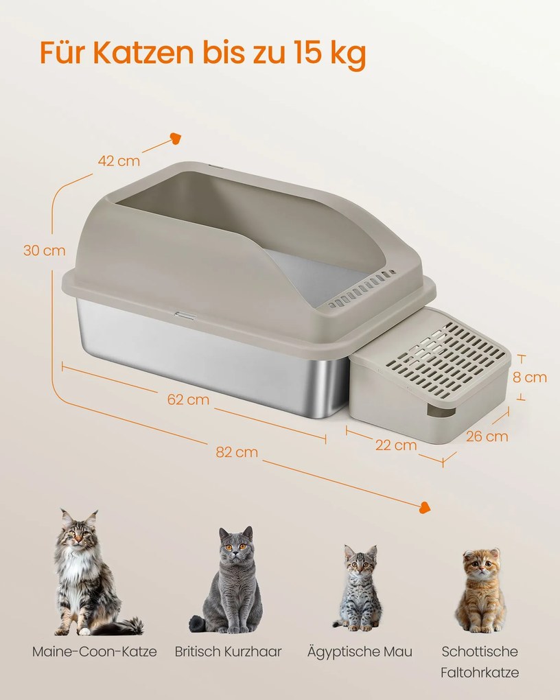 Caixa de areia XXL para gatos em aço inoxidável 61 x 41 x 30,2 cm, com rebordo alto, escadinha e pá castanho-café