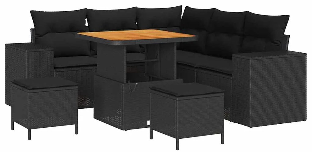 Sofá de Jardim 8 Peças com Almofadas Pretas em Rattan Sintético e Acác