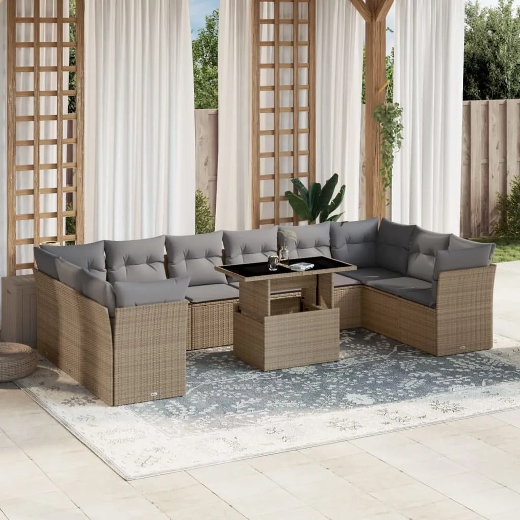 vidaXL 11 pcs conjunto sofás de jardim c/ almofadões vime PE bege