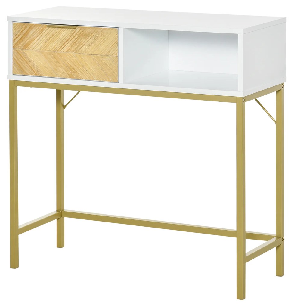 HOMCOM Mesa consola com gaveta e prateleira aberta Estilo moderno Móveis de Corredor Sala de estar 80x30x80,5 cm Ouro branco | Aosom Portugal