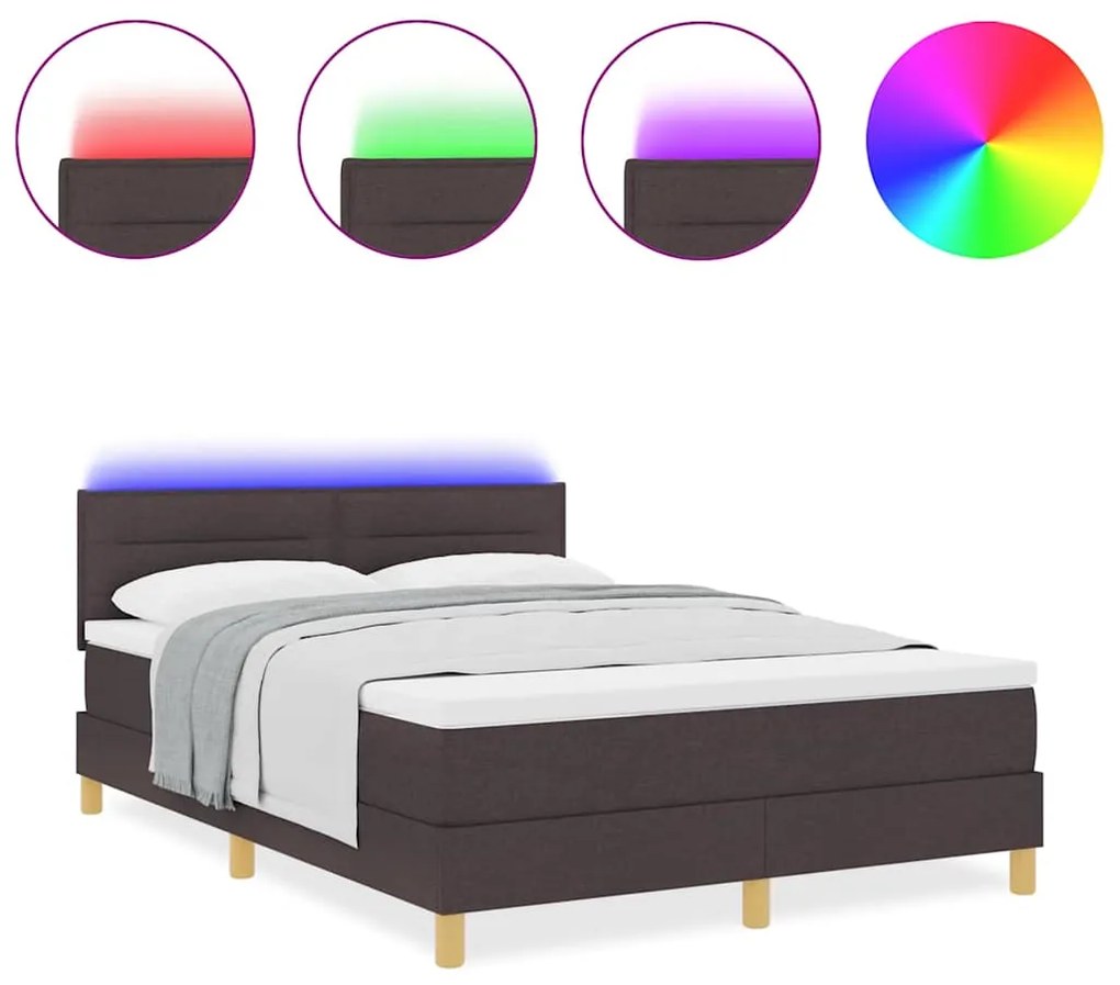 Cama Box Spring com Colchão &amp; Luz LED Marrom Escuro 140x200 cm Tecido
