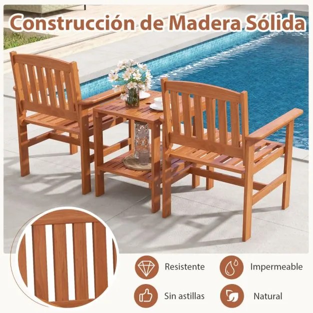 Conjunto de mesa e cadeira jardim de 3 peças para pátio Assentos de madeira para conversação ao ar livre com furo para guarda-sol Castanho