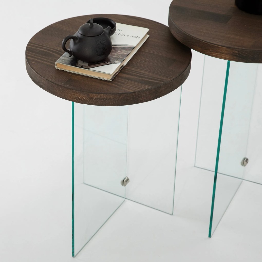 Conjunto de Mesas de Café Serenity – Transparente e Nogueira – 35 cm x