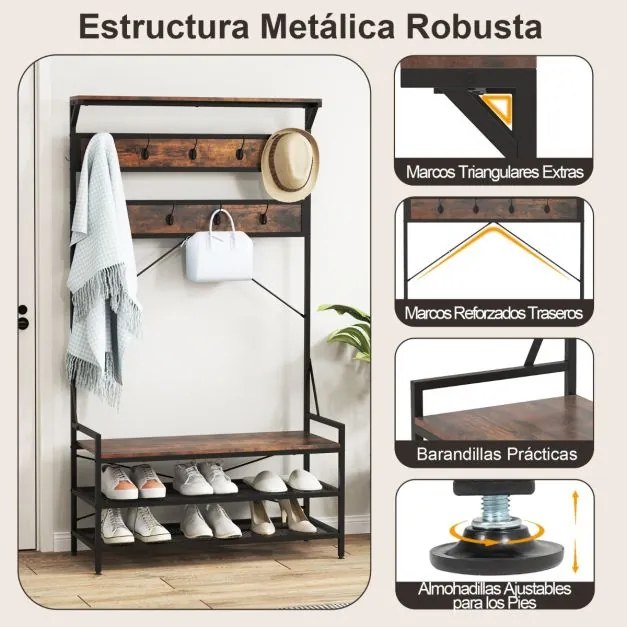 Bengaleiro entrada com Banco para sapatos com Estante 11 Ganchos Estrutura metálica 102 x 40 x 184 cm Castanho