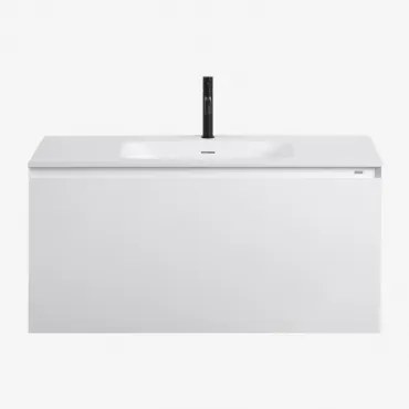 Conjunto De Móvel De Casa De Banho Suspenso Em Madeira Com Lavatório Integrado Macrae Branco & Sem Espelho & Preto Mate, 20 Cm, Com Válvula De Escoame