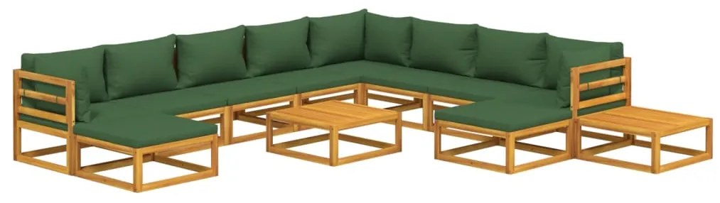 12 pcs conj. lounge jardim madeira c/almofadões verdes