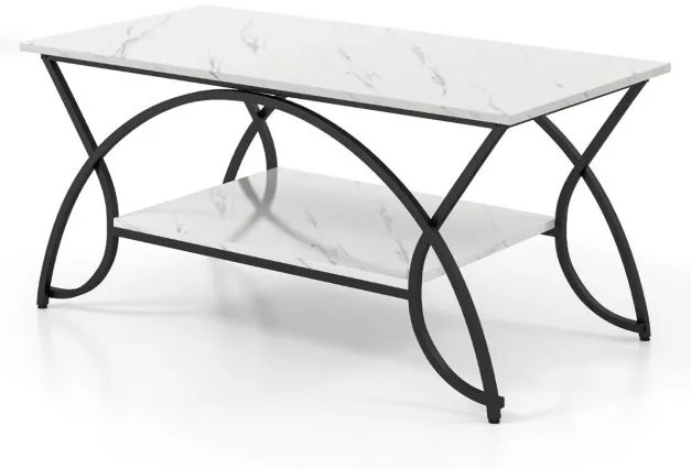 Mesa de centro moderna em imitação de mármore  2 níveis Estrutura metálica para sala de estar 100 x 50 x 45 cm Preto Branco