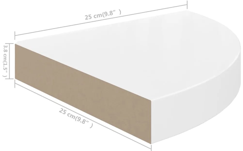 Prateleiras canto suspensas 4 pcs 25x25x3,8cm MDF branco brilh.