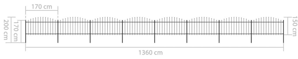 Cerca de jardim com topo em lanças (1,25-1,5)x13,6 m aço preto