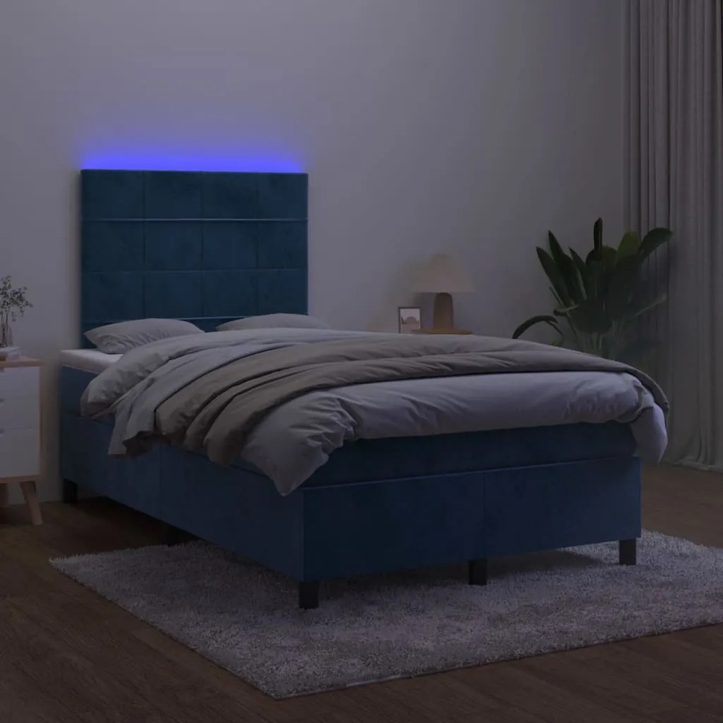 Cama box spring c/ colchão/LED 120x200 cm veludo azul-escuro