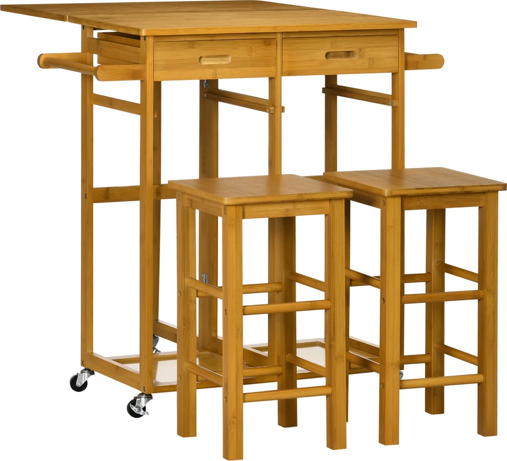 Conjunto de Mesa Alta de Bar e 2 Bancos Mesa de Cozinha Alta em Bambu com Rodas Tampo Dobrável  Madeira