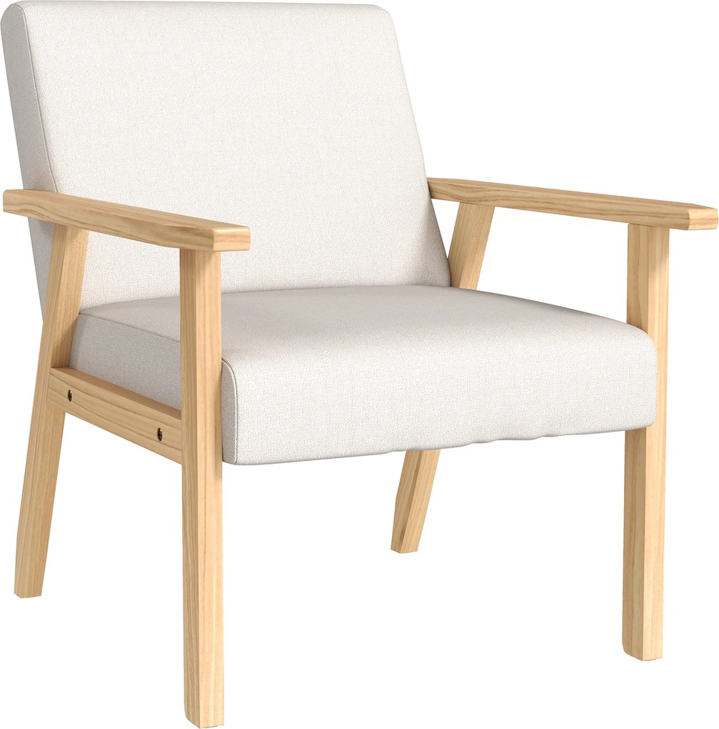 HOMCOM Poltrona estofada com braços, Cadeira de jantar com aparência de linho, Estrutura em madeira maciça, 64 x 70 x 72 cm, Creme | Aosom Portugal