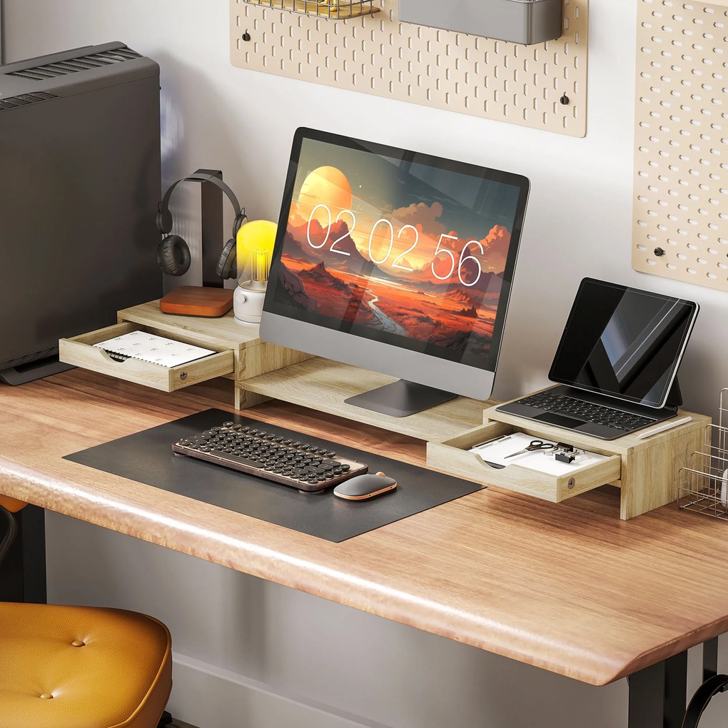 Suporte elevatório para monitor de computador de secretária, 60-116 C x 22 L x 12 A cm, com 2 gavetas, comprimento e ângulo ajustáveis cor carvalho