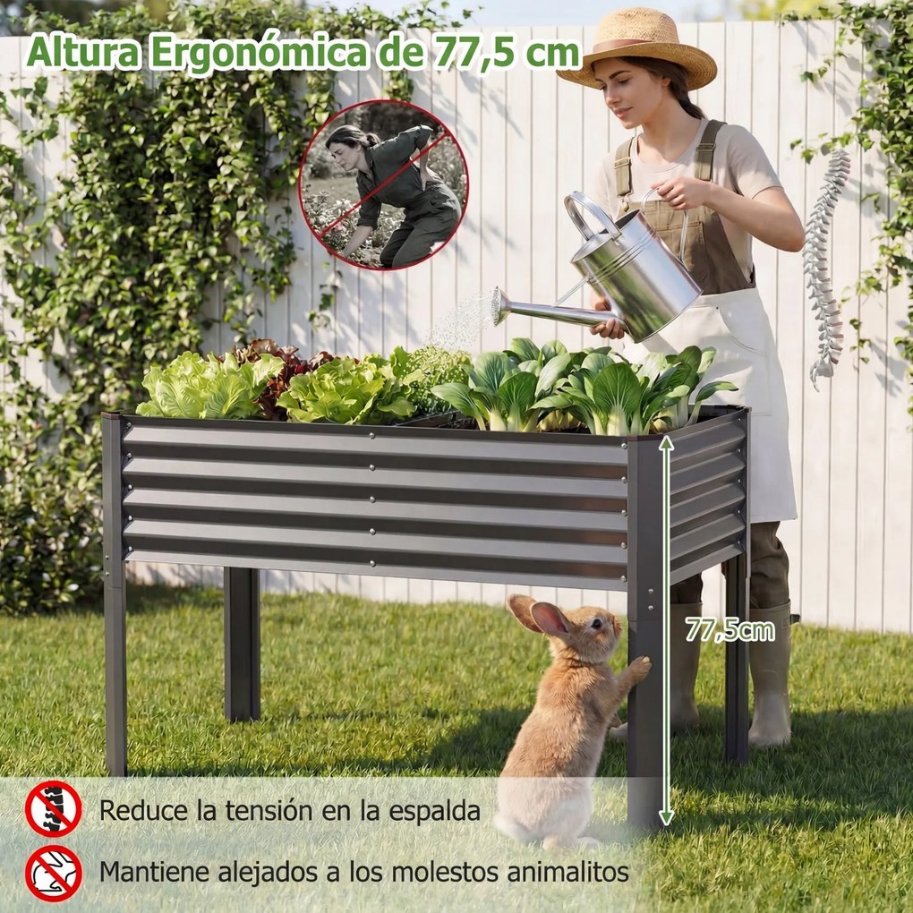 Floreira elevada de jardim 118 x 60 x 77,5 cm com Estrutura em metal galvanizado, pés elevados, sistema de drenagem e base alta para terraço ou pátio