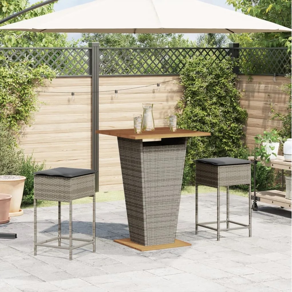 3 pcs conjunto de bar p/ jardim c/ almofadões vime PE cinzento