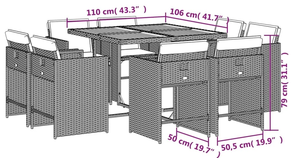 9 pcs conjunto de jantar p/ jardim com almofadões vime PE bege