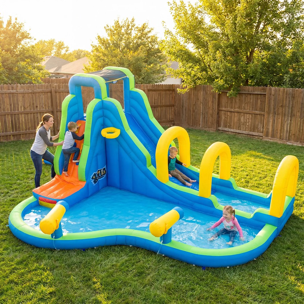 Parque aquático castelo insuflável com escorrega 465 x 345 x 242 cm, parede de escalada, aro de basquetebol, piscina, jatos de água e ventilador de 95