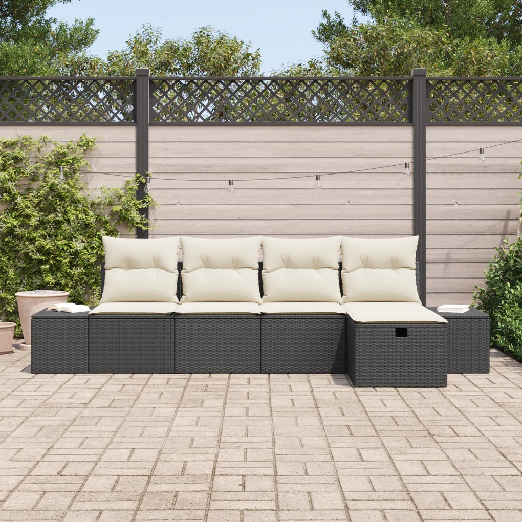 Conjunto de Sofá de Jardim de 5 Peças com Almofadas Preto Vime Sintéti