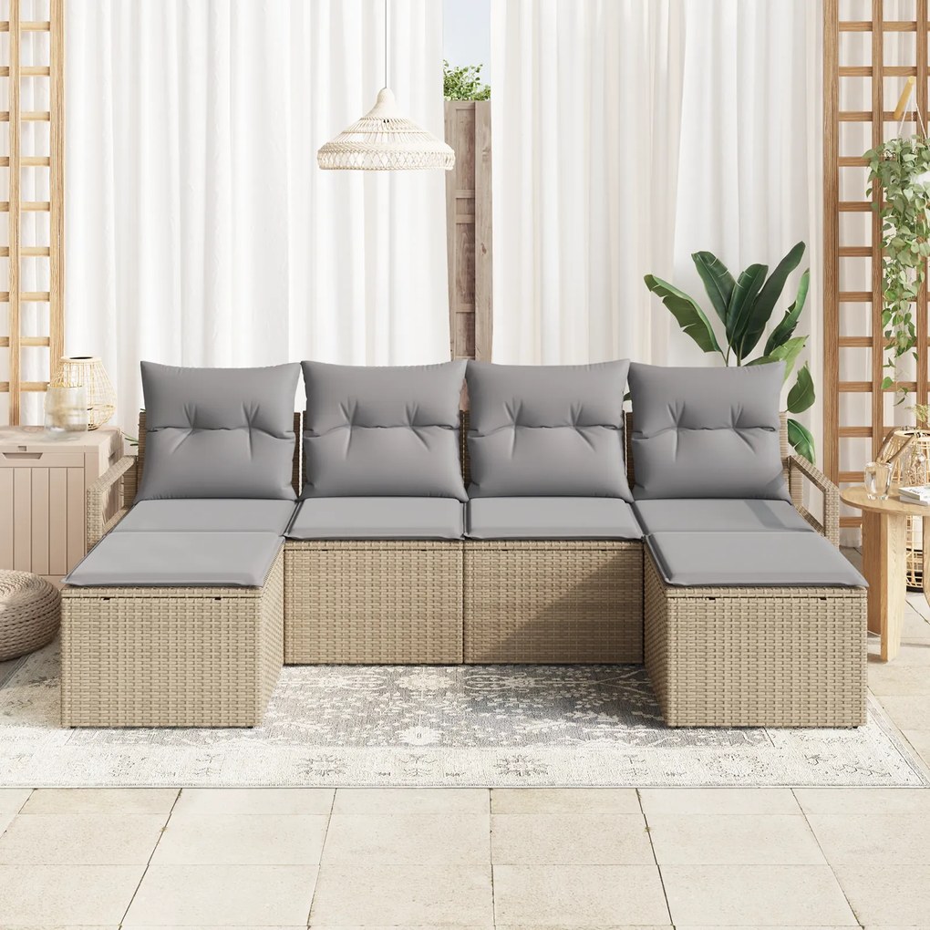 Conjunto de Sofá de Jardim de 6 Peças com Almofadas Bege de Rattan Pol
