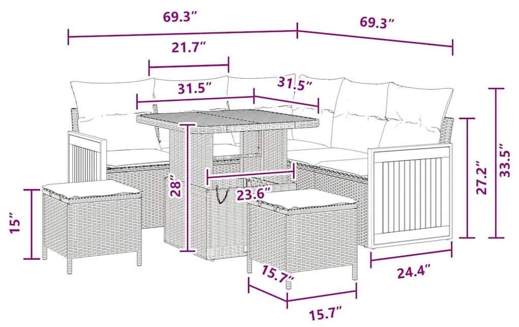 Conjunto de Sofá de Jardim vidaXL 8 Peças com Almofadas Preto Rattan P