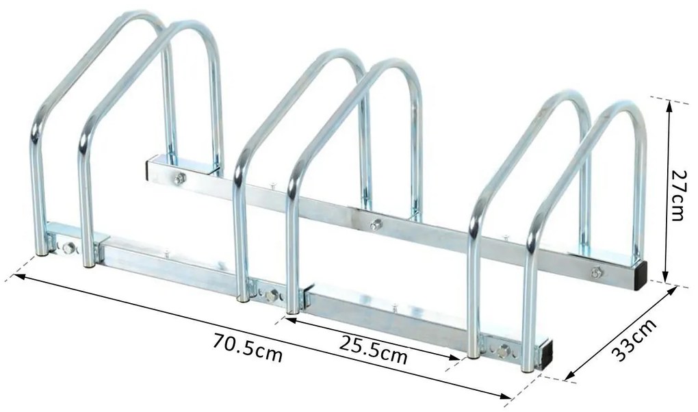 HOMCOM Estacionamento para 3 Bicicletas Suporte de Aço para Estacionar Bicicletas no Chão para Interior e Exterior 70,5x33x27cm Prata