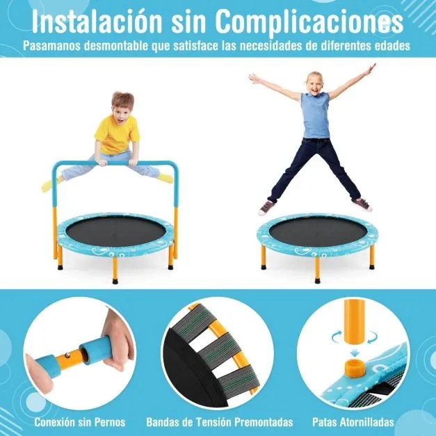 Trampolim dobrável para crianças de 92 cm com corrimão removível azul e laranja