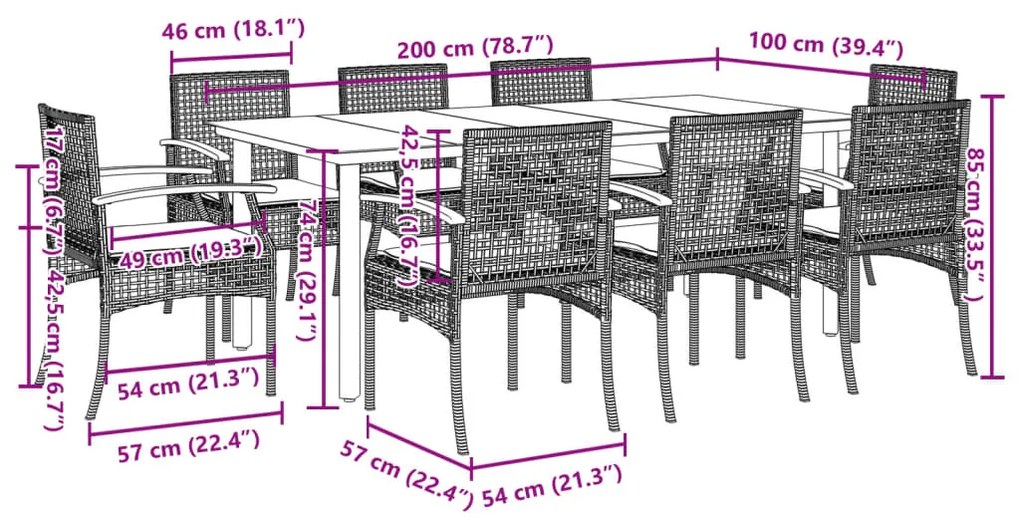 9 pcs conjunto de jantar p/ jardim c/ almofadões vime PE cinza