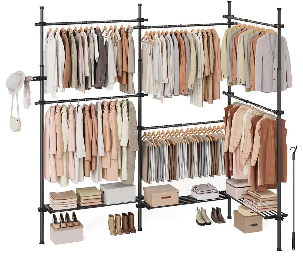 Guarda Roupa 33,5 x (240-353) x (208-310) cm com Barras telescópicas para roupas com 6 barras e 3 prateleiras em preto