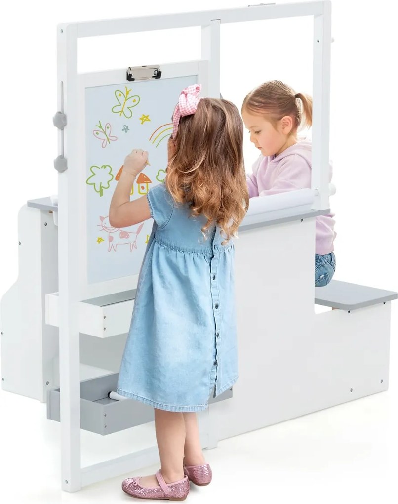 Conjunto de mesa e banco de arte para crianças com cavalete ajustável de dupla face, quadro magnético e rolos de papel substituíveis Branco e cinzento