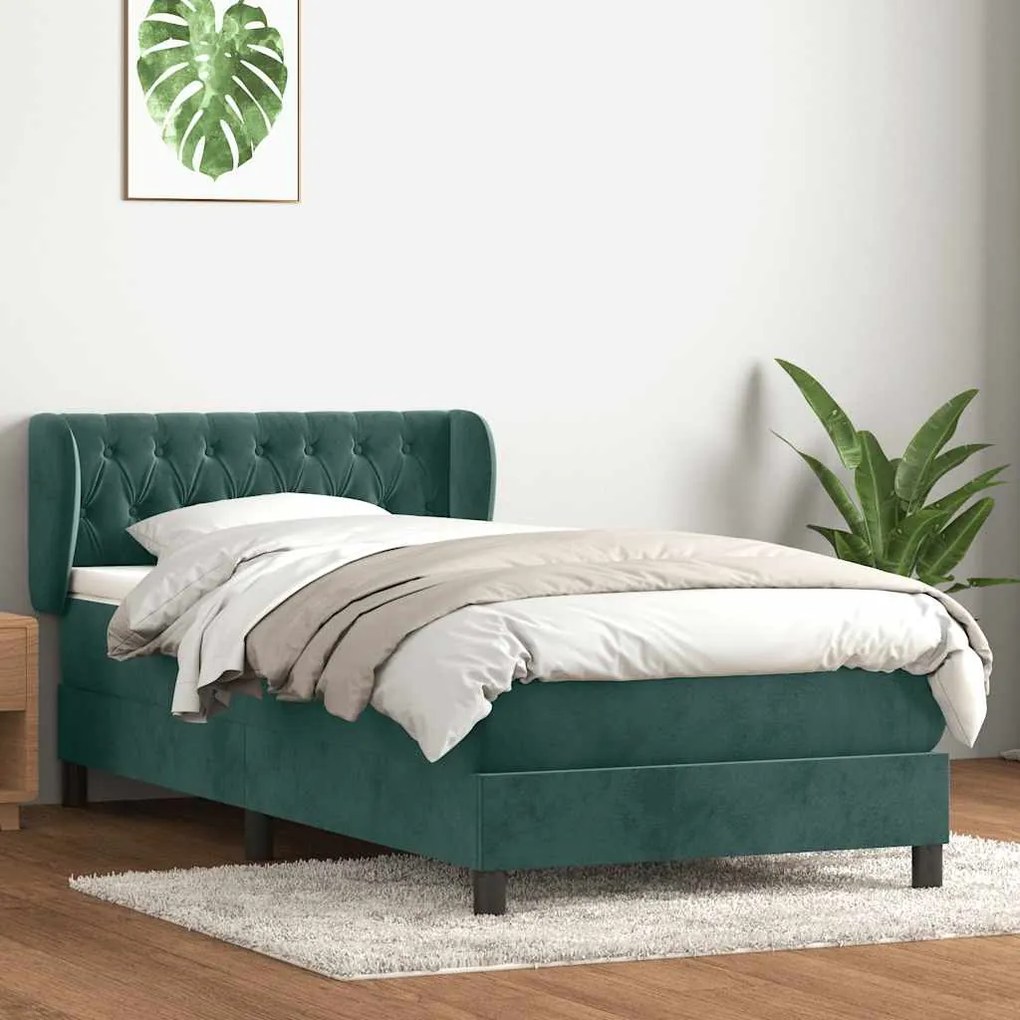 vidaXL Cama com molas/colchão 100x210 cm veludo verde-escuro