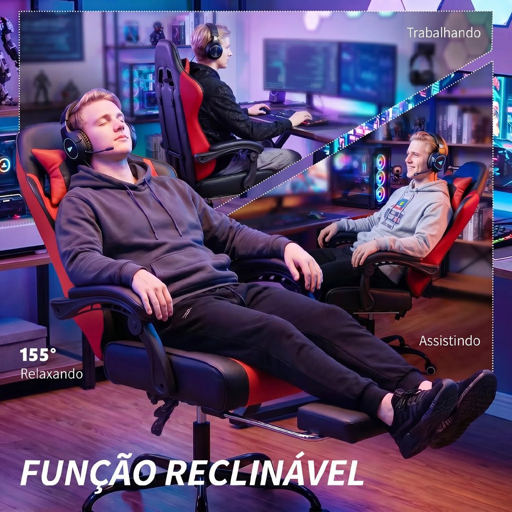 Cadeira Gamer com Massagem Lombar Vibratória Reclinável 155° Altura Ajustável Apoio de Cabeça e Apoio para os Pés Retrátil Vermelho