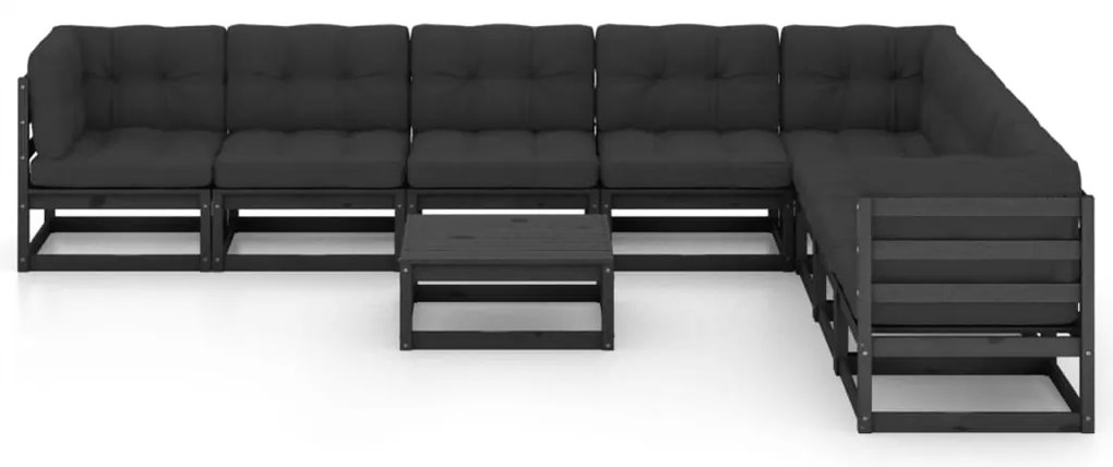 9pcs conjunto longue de jardim c/ almofadões pinho maciço preto
