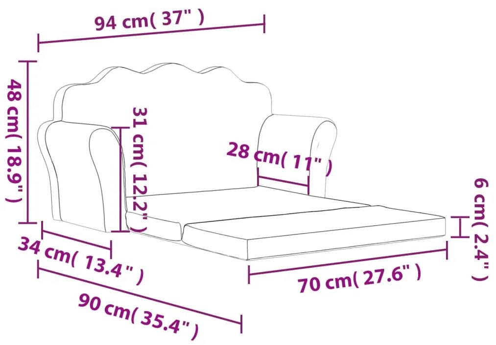 Sofá-cama infantil de 2 lugares pelúcia macia rosa